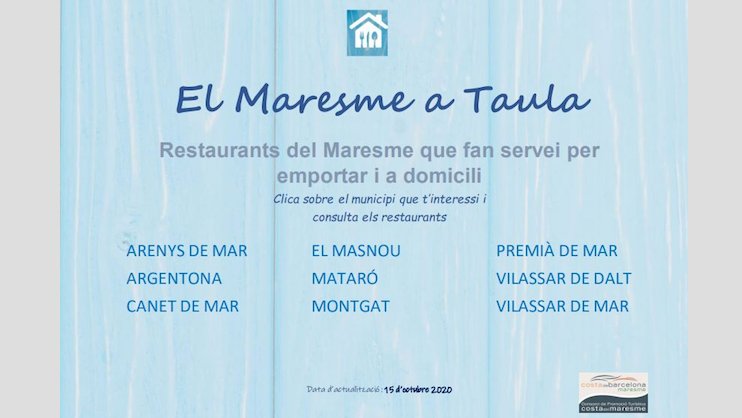 Turisme Maresme impulsa `El Maresme a Taula´,  directori digital de bars i restaurants  que  serveixen menjar per emportar i a domicili 
