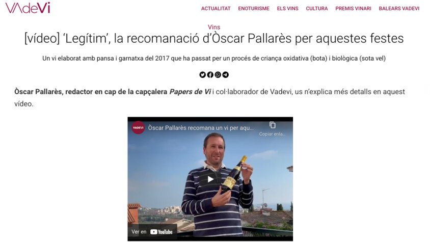 Òscar Pallarès recomana el Legítim als lectors de Vadevi