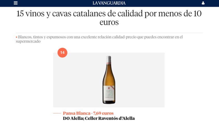 La Vanguardia tria el Raventós d'Alella Pansa Blanca entre els millors vins catalans de menys de 10€