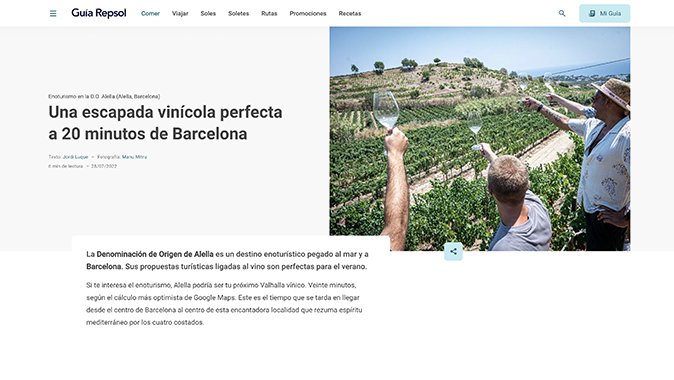 Guia Repsol publica un article amb propostes enoturístiques per fer al territori DO Alella