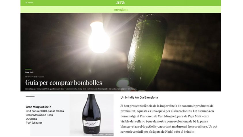 Un article de l'Ara recomana el Gran Minguet, de Can Roda, com un dels escumosos per a aquest Nadal