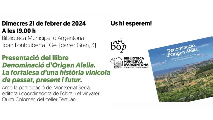 Dimecres de la setmana vinent, presentació del llibre de la DO Alella a Argentona