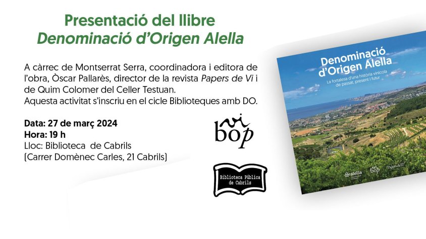 Dimecres vinent, presentació del llibre de la DO Alella a Cabrils